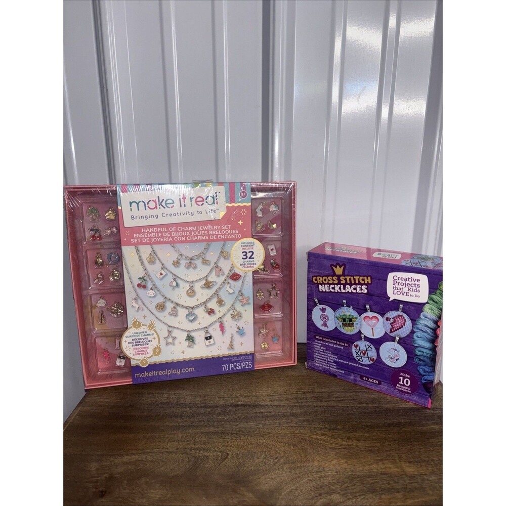 Girls Crafts 2 New- 70 Pc Charm Jewelry Kit & Cross Stitch Necklace Kit ages 8up